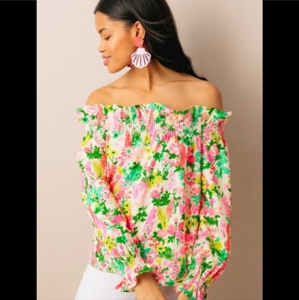 TUCKERNUCK, MARGUERITE Off the Shoulder Blouse,Pink‎ Multi Floral, Size Small